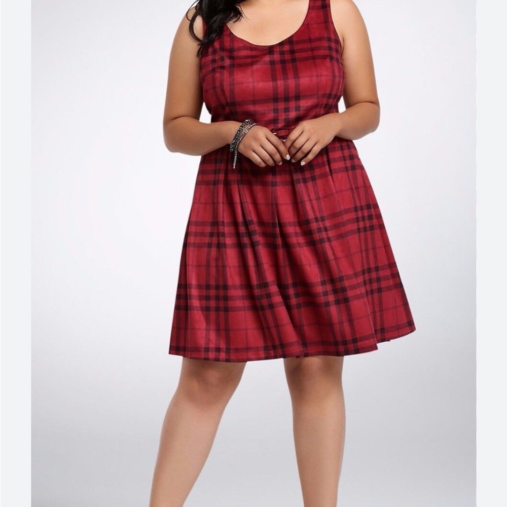 Torrid Red and Black Plaid Suede-like Dress with box pleats